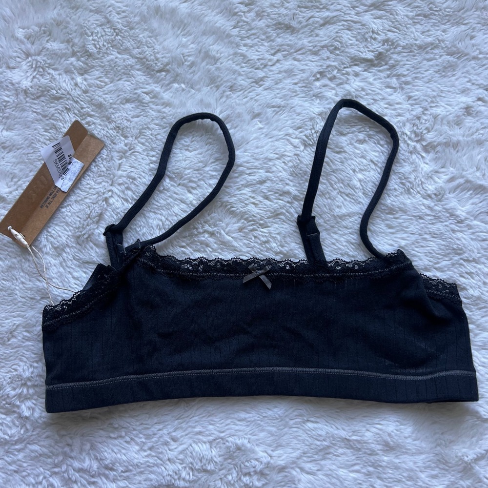 SKIMS Pointelle Logo Bralette Onyx Black Lace Trim Adjustable Straps Small NWT